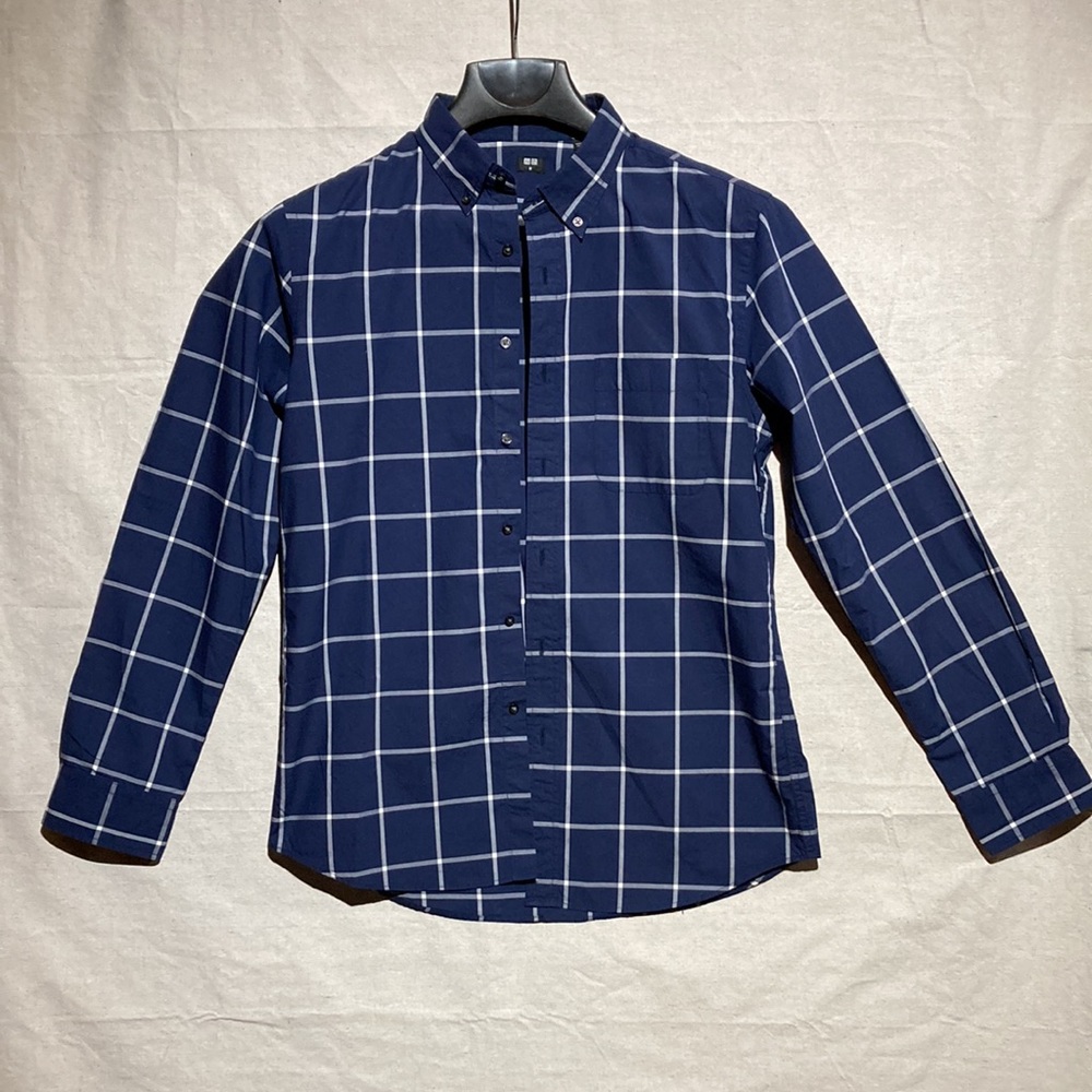 Uniqlo Long Sleeve Button Down Shirt Pocket Sz M Blue squares pre-owned
